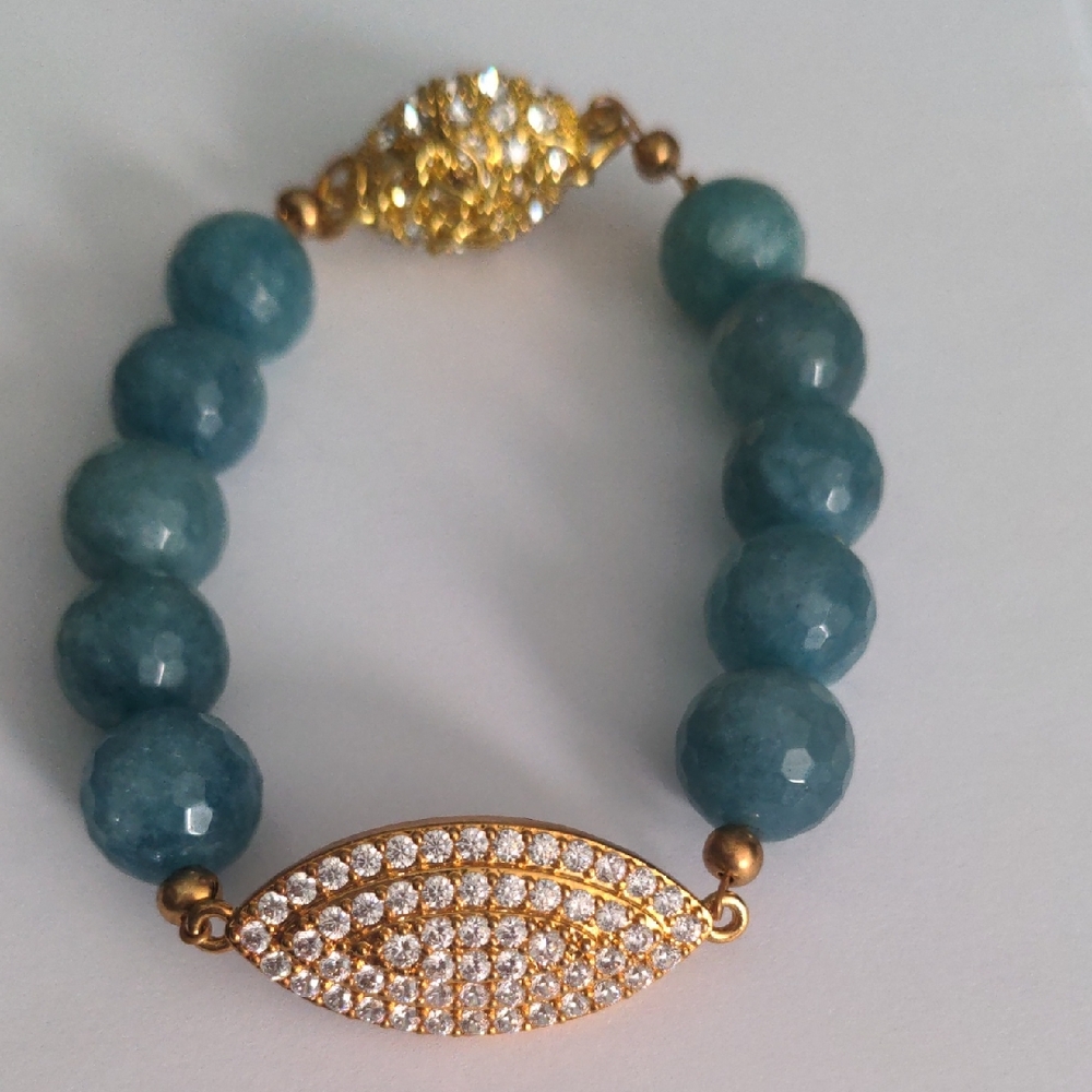 New Blue Gemstone Beaded Bracelet, Crystal & Gold Focal Bead, Magnetic Clasp.